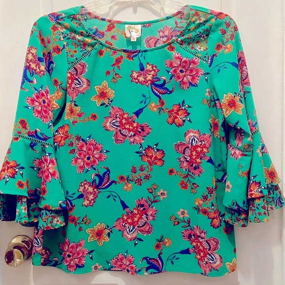 Fig and Flower Top Women Medium Green Floral Ruffle 3/4 Sleeve Blouse - Picture 1 of 14